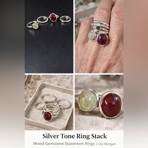 Lily Morgan Boho Silver Tone Ring Stack/Red Cabochon/Green Stone Statement Rings